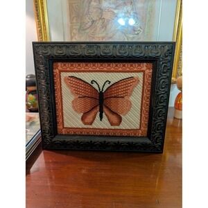 Vintage Handmade Needlepoint Butterfly Framed Art Ornate Black Wood Frame Boho